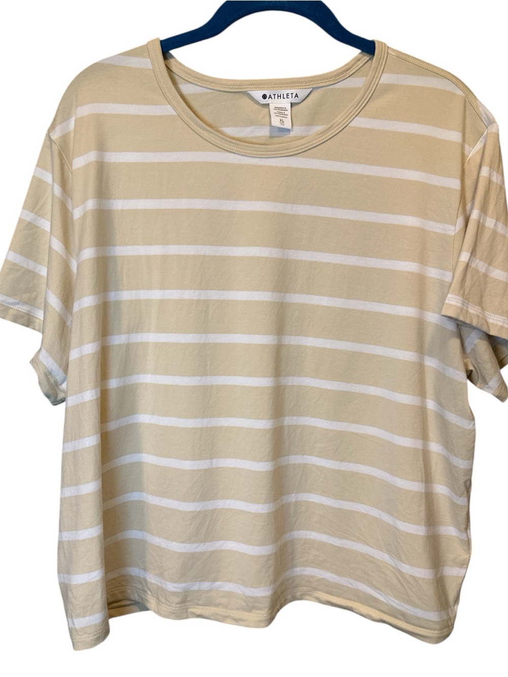Athleta Women’s Essential Striped Tee XL Beige Cream White Cotton Short Sleeve